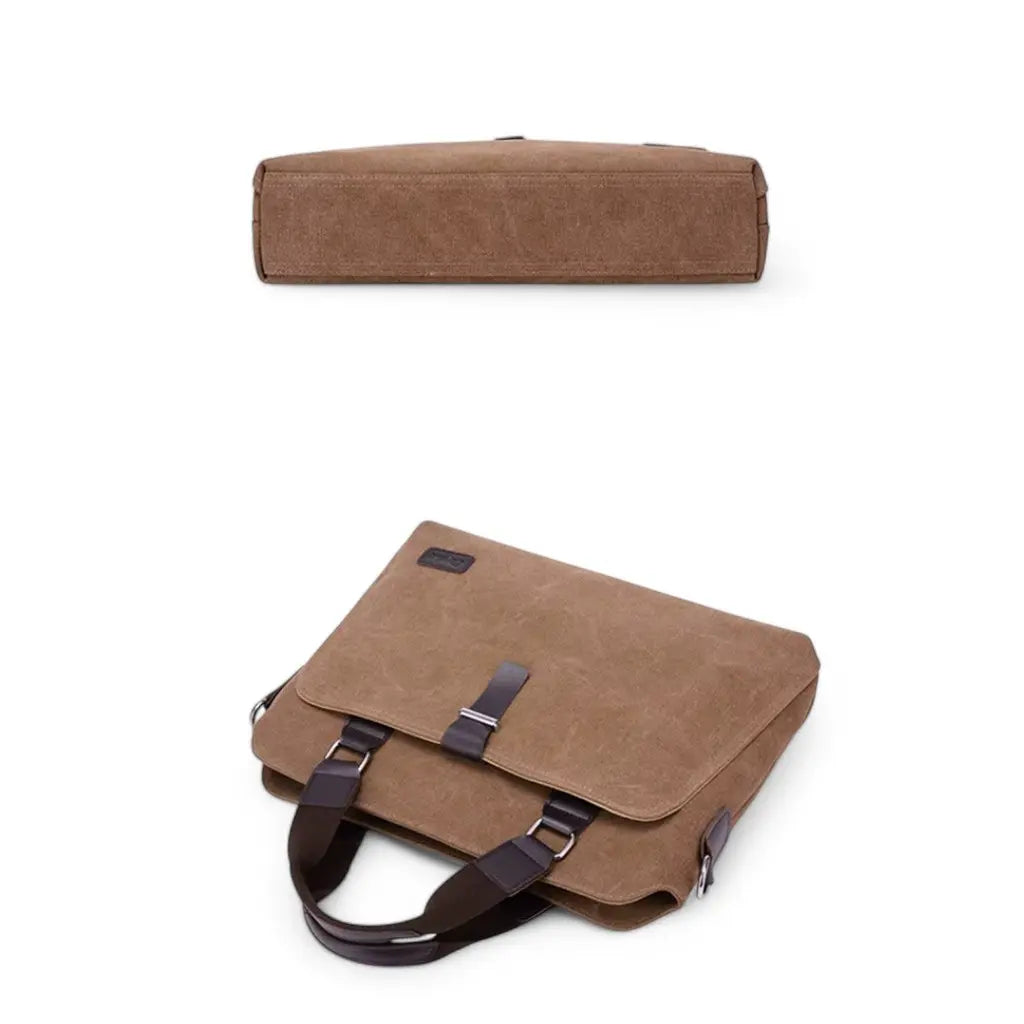 Canvas laptoptas heren bovenkant en zijaanzicht, toont de breedte en vorm van de tas in bruine canvas stof.