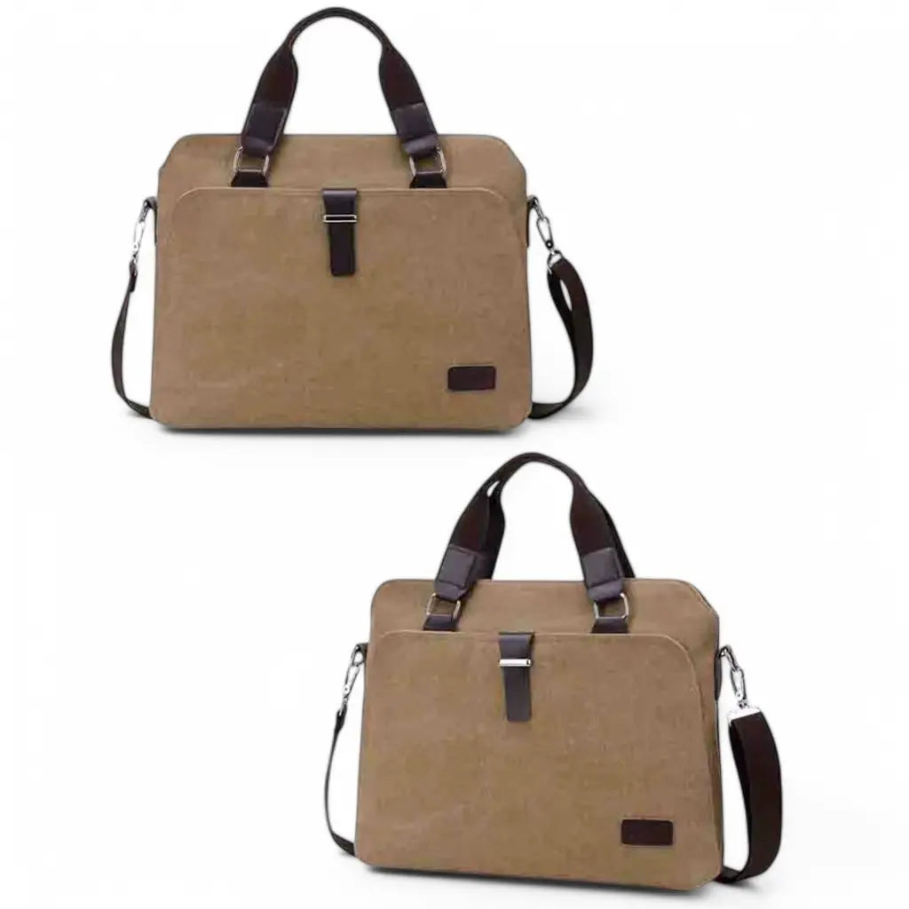 Canvas laptoptas heren in bruine kleur getoond vanuit verschillende hoeken, toont functioneel design met leren accenten.