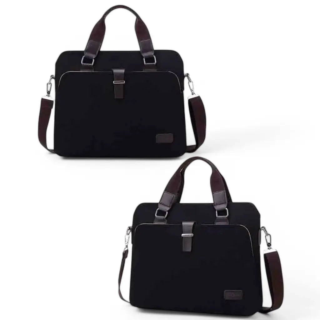 Canvas laptoptas heren in zwarte uitvoering getoond vanuit verschillende perspectieven, met leren details en schouderband.