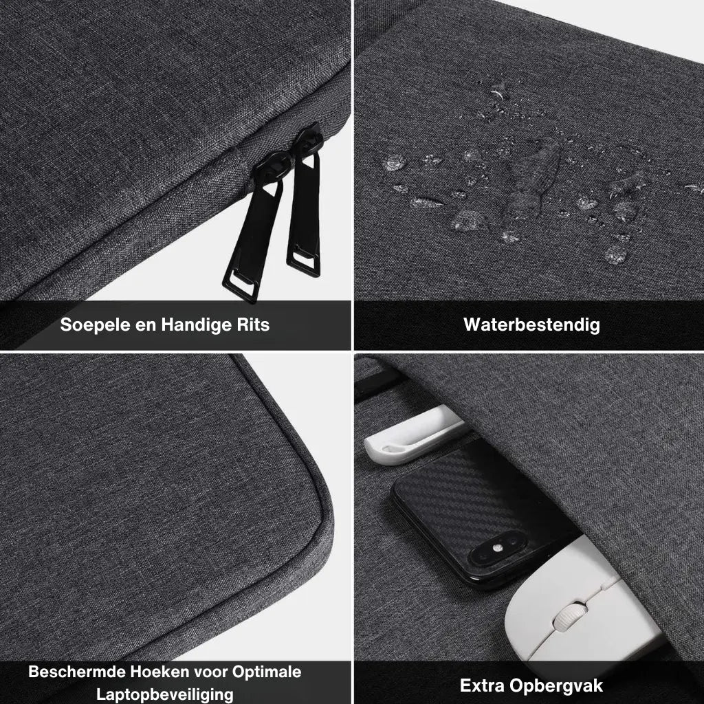 Laptop sleeve grey met vier kenmerken: soepele rits, waterbestendigheid, beschermde hoeken en extra opbergvak voor accessoires.
