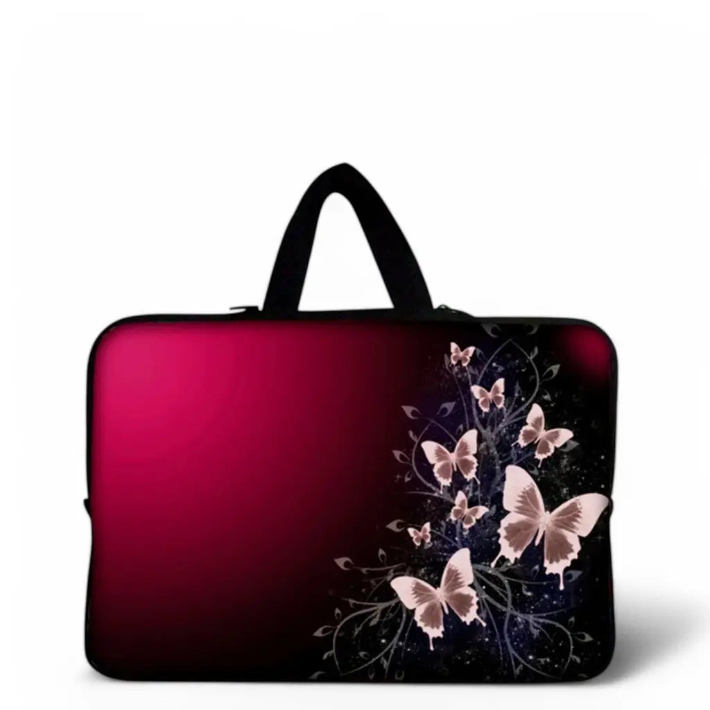 Laptop sleeve vlinder met prachtige witte vlinders op rozerode achtergrond, voorzien van zwart draaghandvat voor stijlvolle laptopbescherming.