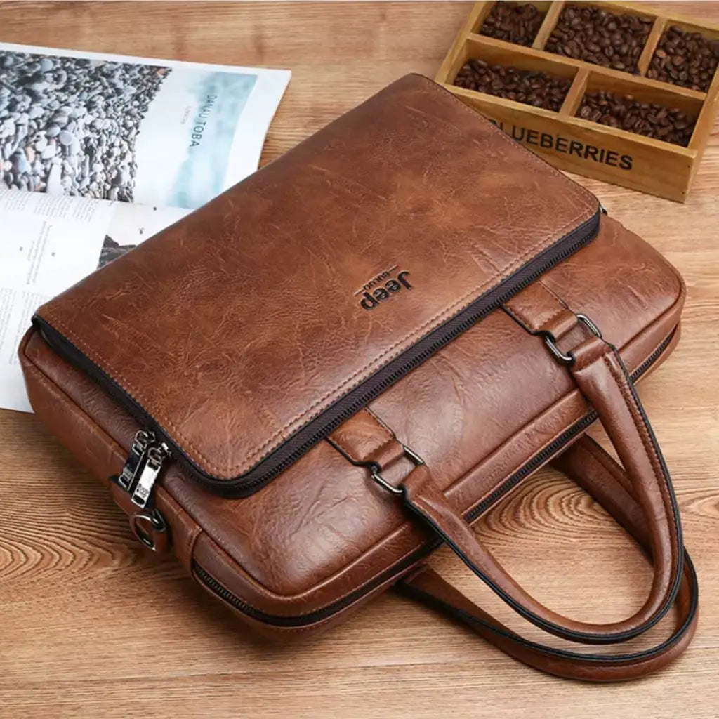 Exclusieve laptoptas heren 14 inch bruin gefotografeerd in een rustieke setting met houten bureau, magazine en koffiebonen. De bruine laptoptas heeft een elegant design met zwarte accenten, ritssluiting en zachte lederen handgrepen voor een stijlvolle zakelijke uitstraling.
