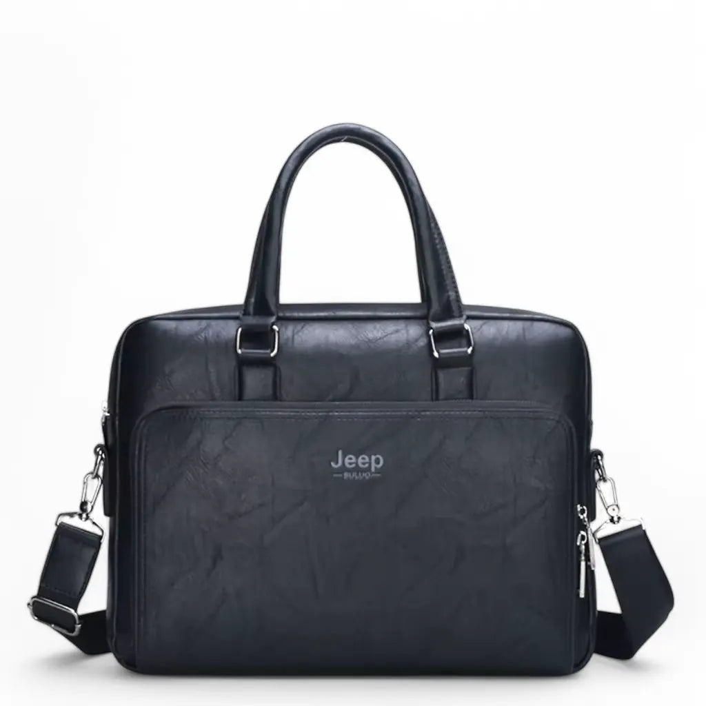 Exclusieve laptoptas heren 14 inch zwart met Jeep-logo, gemaakt van hoogwaardig zwart kunstleer. De tas heeft ergonomische handgrepen, afneembare schouderriem en een functioneel voorvak met ritssluiting voor optimale organisatie van zakelijke benodigdheden.