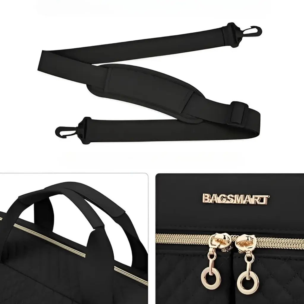 Afneembare schouderband en details van de hippe laptoptas dames 17 inch zwart. Close-ups tonen het BAGSMART logo, de hoogwaardige gouden ritssluiting met hangers en de ergonomisch ontworpen handgreep voor comfortabel dragen.