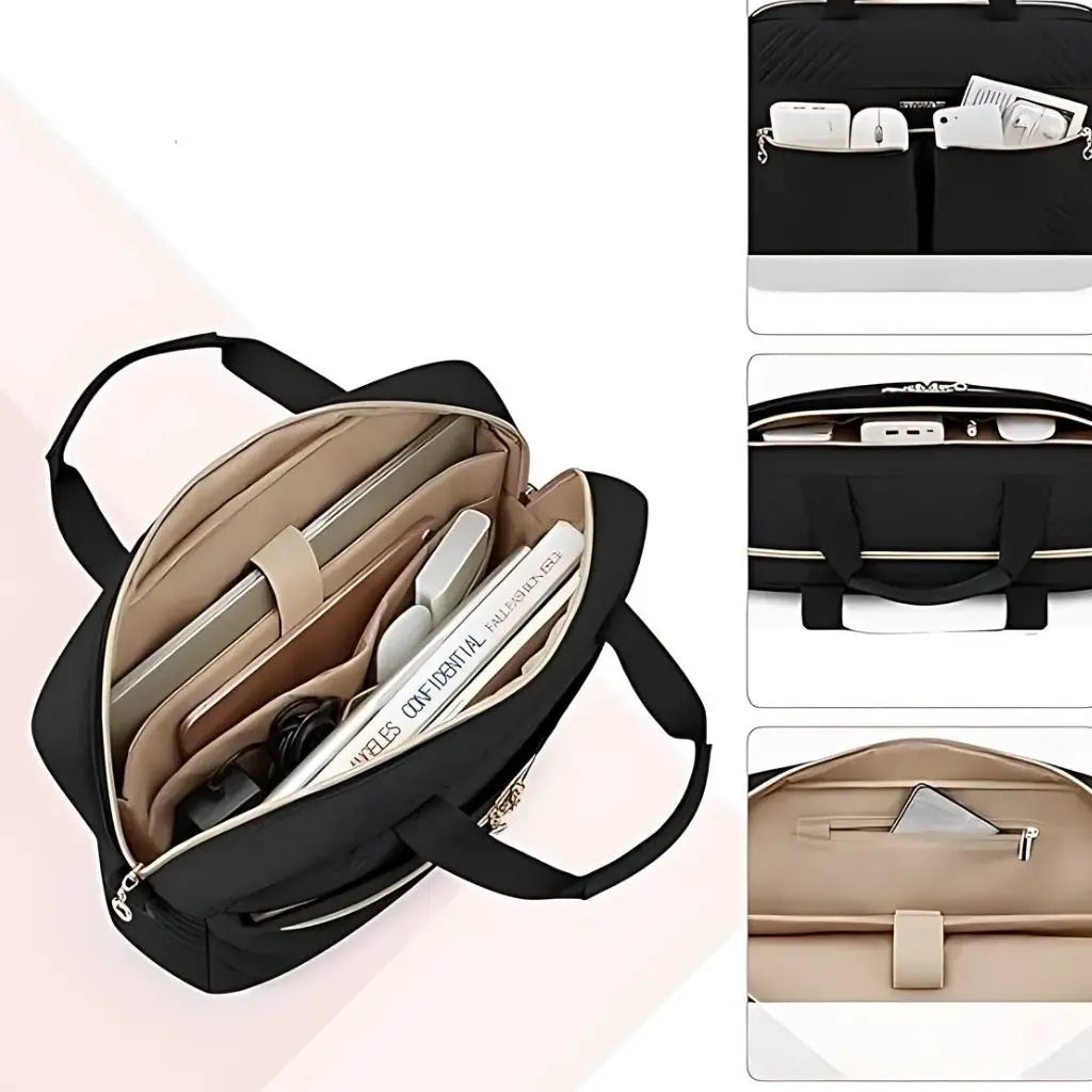 Binnenaanzicht van hippe laptoptas dames 17 inch zwart met beige interieur, talrijke opbergvakken voor laptop, documenten en accessoires. De collage toont ook het praktische ontwerp met aparte vakken voor kleine elektronische apparaten.