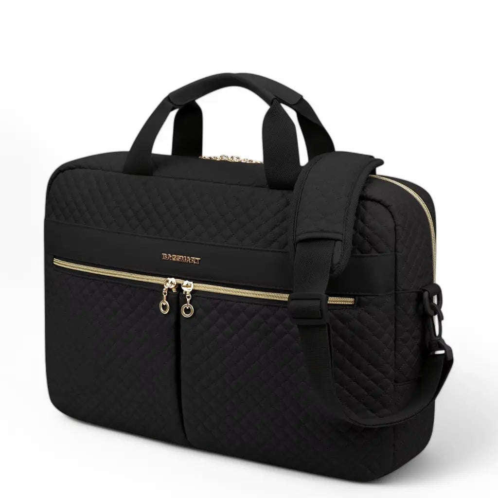 Luxe hippe laptoptas dames 17 inch zwart met decoratief gewatteerd patroon, afneembare schouderband en praktische handgrepen. De stijlvolle BAGSMART tas biedt optimale bescherming voor laptops met gouden ritsaccenten.