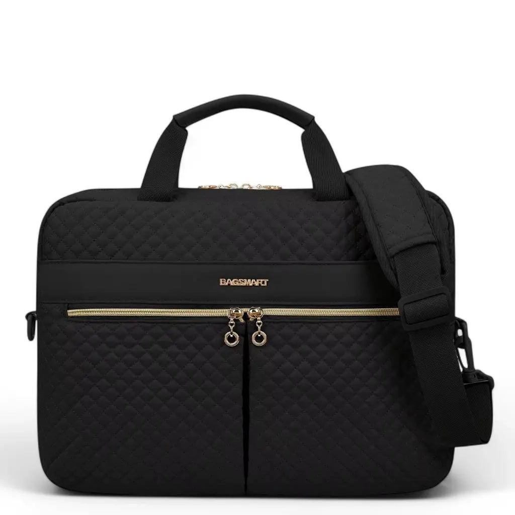 Elegante zwarte hippe laptoptas dames 17 inch met gestikt patroon, gouden ritssluiting en afneembare schouderband. De BAGSMART laptoptas heeft een gewatteerd design met vakken aan de voorkant en biedt stijlvolle bescherming voor laptops tot 17 inch.