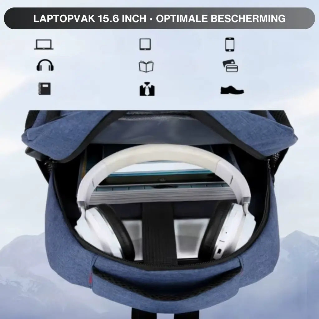 Geopende kleine laptop rugzak 15.6 inch met een gevoerd laptopvak, hoofdtelefoon en opbergvakken voor boeken en accessoires.