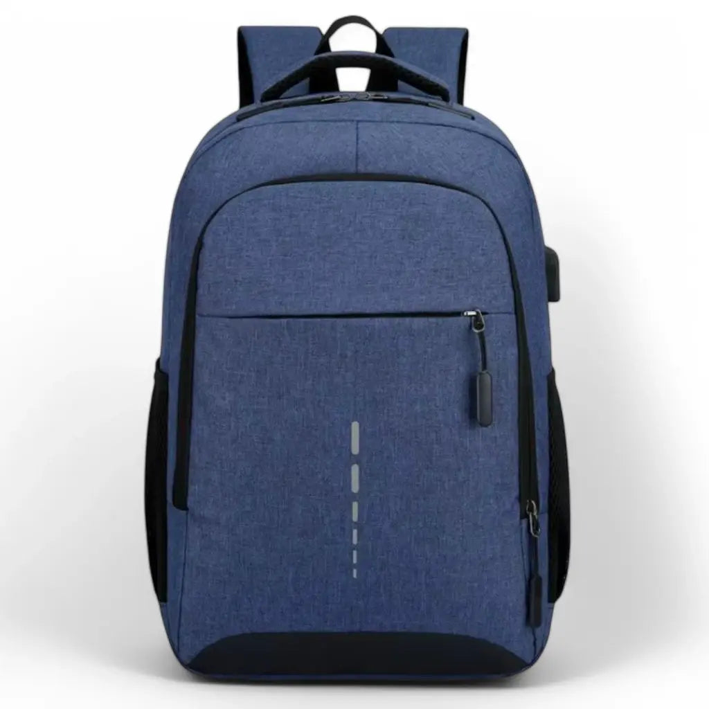 Blauwe kleine laptop rugzak 15.6 inch met waterbestendig materiaal, een USB-oplaadpoort en een minimalistisch ontwerp, vooraanzicht.
