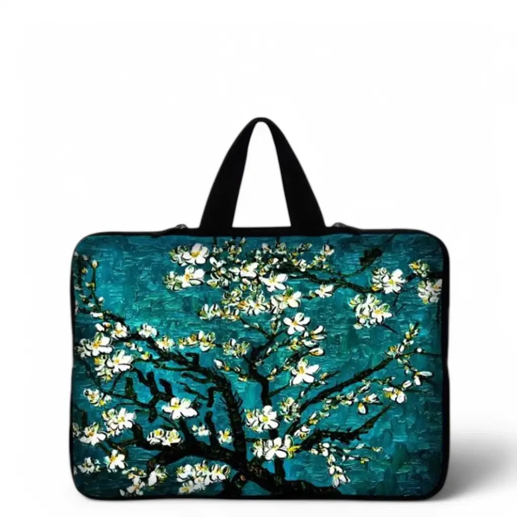 Flower laptop sleeve met Van Gogh-geïnspireerde bloesemtakken op turquoise achtergrond, compleet met zwart handvat voor eenvoudig transport.