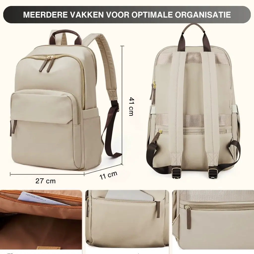 Lichtbruine laptop rugzak voor dames met afmetingen van 41 cm hoog, 27 cm breed en 11 cm diep. Voorzien van brede schouderbanden en een riem om aan een koffer te bevestigen.