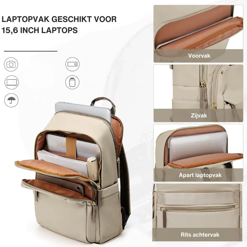 Detailfoto van de lichtbruine laptop rugzak voor dames, met meerdere vakken voor optimale organisatie. Inclusief een apart laptopvak, een verborgen achtervak en stevige ritsen.