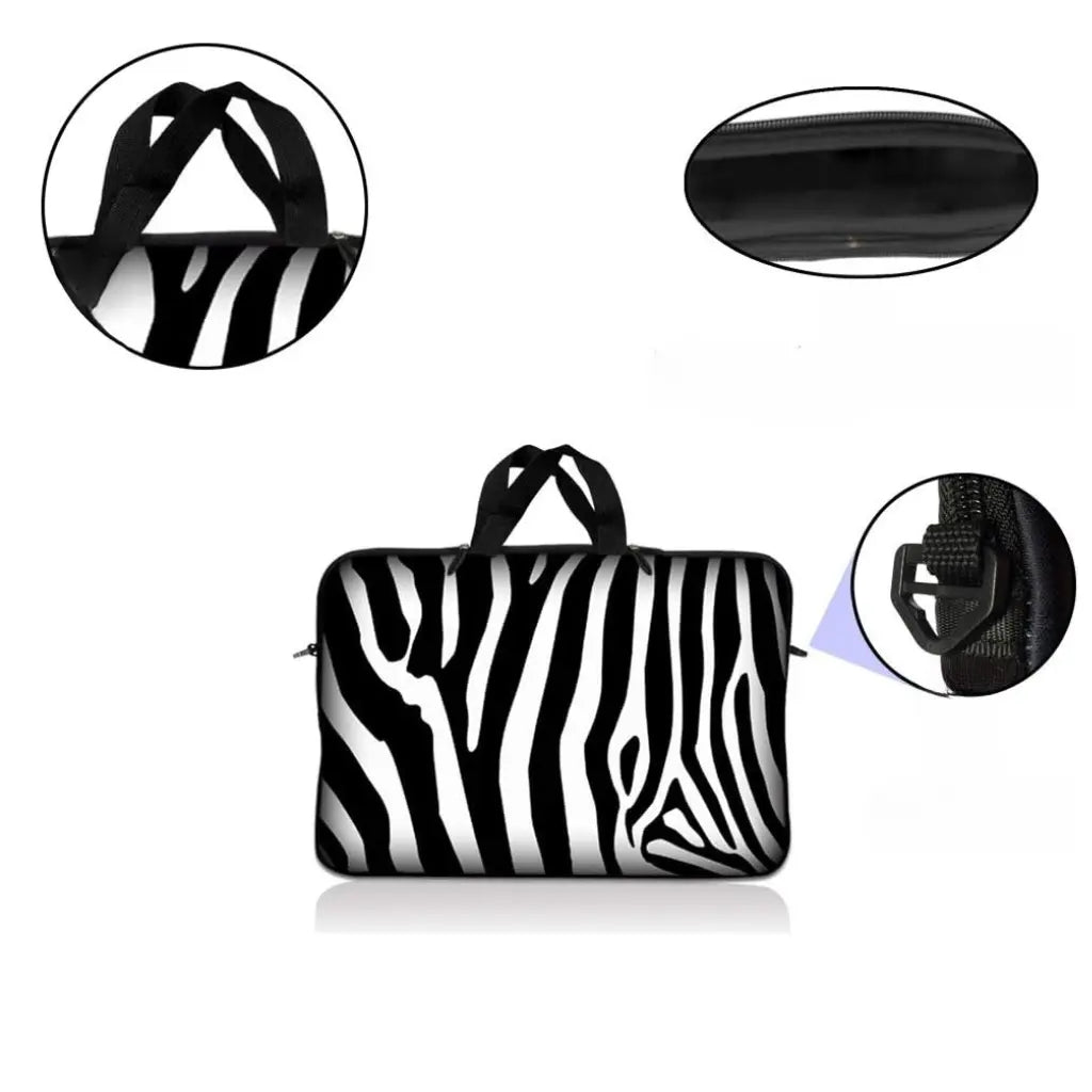 Laptop sleeve zebra met handige functies waaronder draaghandvat, ritssluiting en duurzame materialen, getoond in een productoverzicht met details.