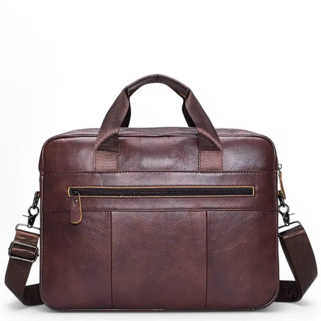Leren laptoptas heren 14 inch gezien van achteren met ritssluiting bovenop, bruin lederen afwerking en goudkleurige details. Professionele laptoptas met praktische draagriemen en robuust design voor dagelijks gebruik.