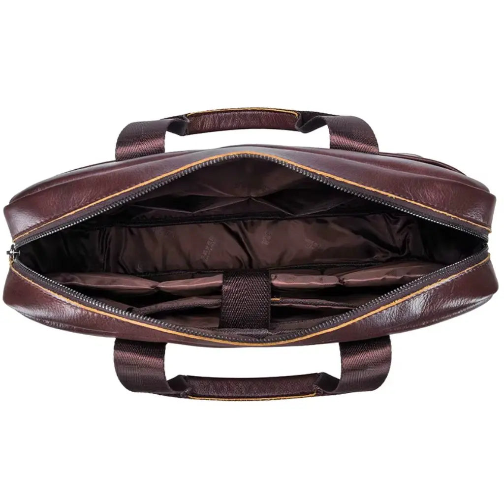 Leren laptoptas heren 14 inch met geopende bovenkant die het ruime interieur toont met meerdere vakken. Zwarte voering en opbergruimte voor laptop, documenten en accessoires in deze functionele zakelijke tas.