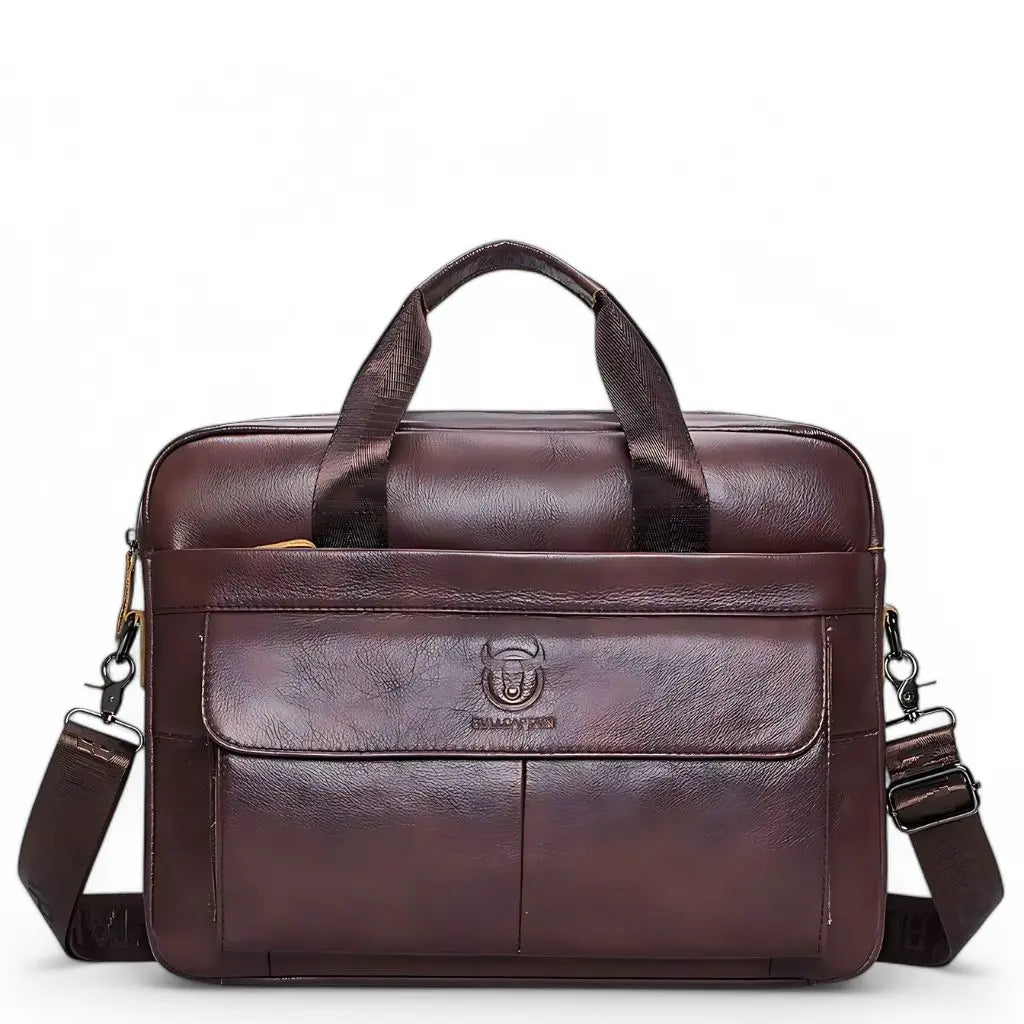 Luxe leren laptoptas heren 14 inch in donkerbruine kleur met stevige handgrepen, schouderriem en voorvak met logo. Elegante zakelijke tas gemaakt van hoogwaardig leer voor dagelijks professioneel gebruik.