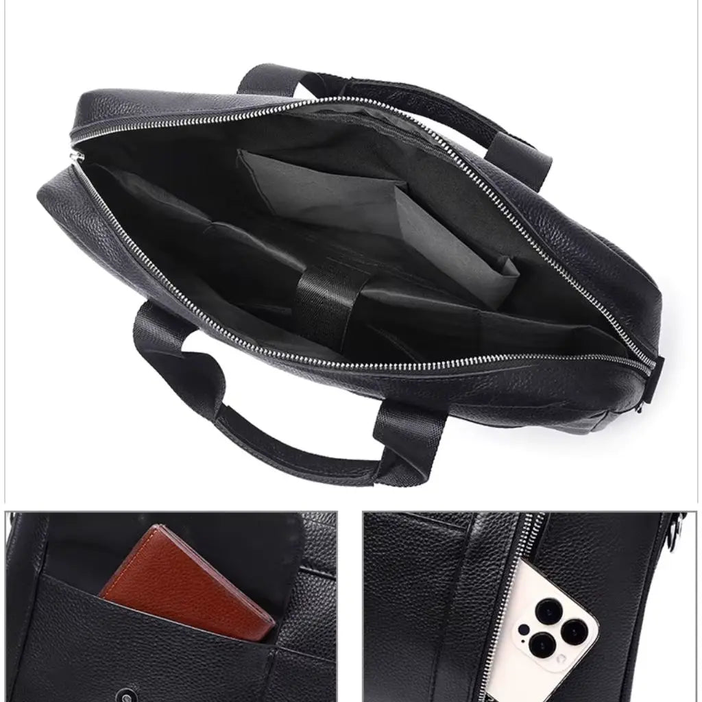 Bovenaanzicht van het open interieur van de leren laptoptas heren zwart met organisatie-elementen. De tas heeft zwarte voering met diverse opbergvakken, inclusief specifieke compartimenten voor kleinere items zoals telefoons en pennen.