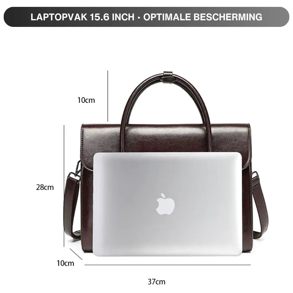 Leren werktas dames met laptopvak 15.6 inch met afmetingen duidelijk aangegeven: 37cm breed, 28cm hoog en 10cm diep.