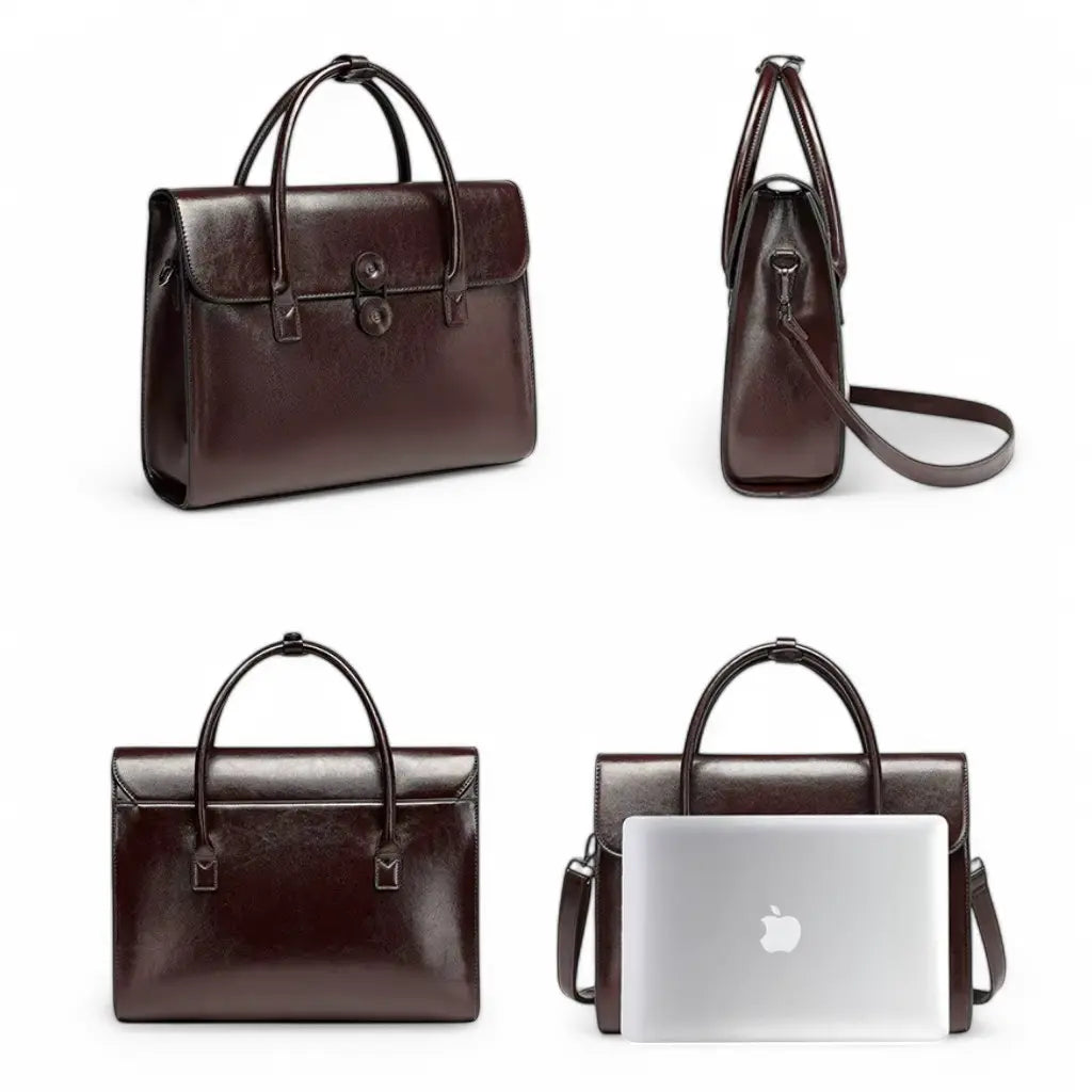 Leren werktas dames met laptopvak 15.6 inch in donkerbruine kleur getoond vanuit vier verschillende hoeken, met Apple laptop erin geplaatst.