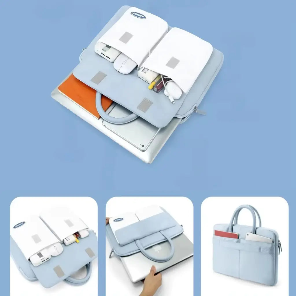 Lichtblauwe laptoptas bovenaanzicht met witte opbergvakken waarin elektronische accessoires zijn opgeborgen, perfect georganiseerd