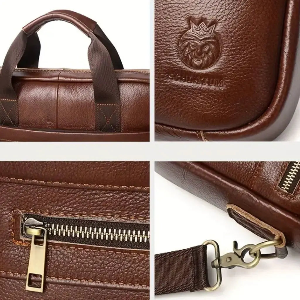 Close-up details van mooie laptoptas heren 15.6 inch bruin met zicht op handgreep, leeuwen logo, metalen ritssluiting en schouderband bevestiging. De hoge kwaliteit leerbewerking en verfijnde afwerking onderstrepen de luxe uitstraling.