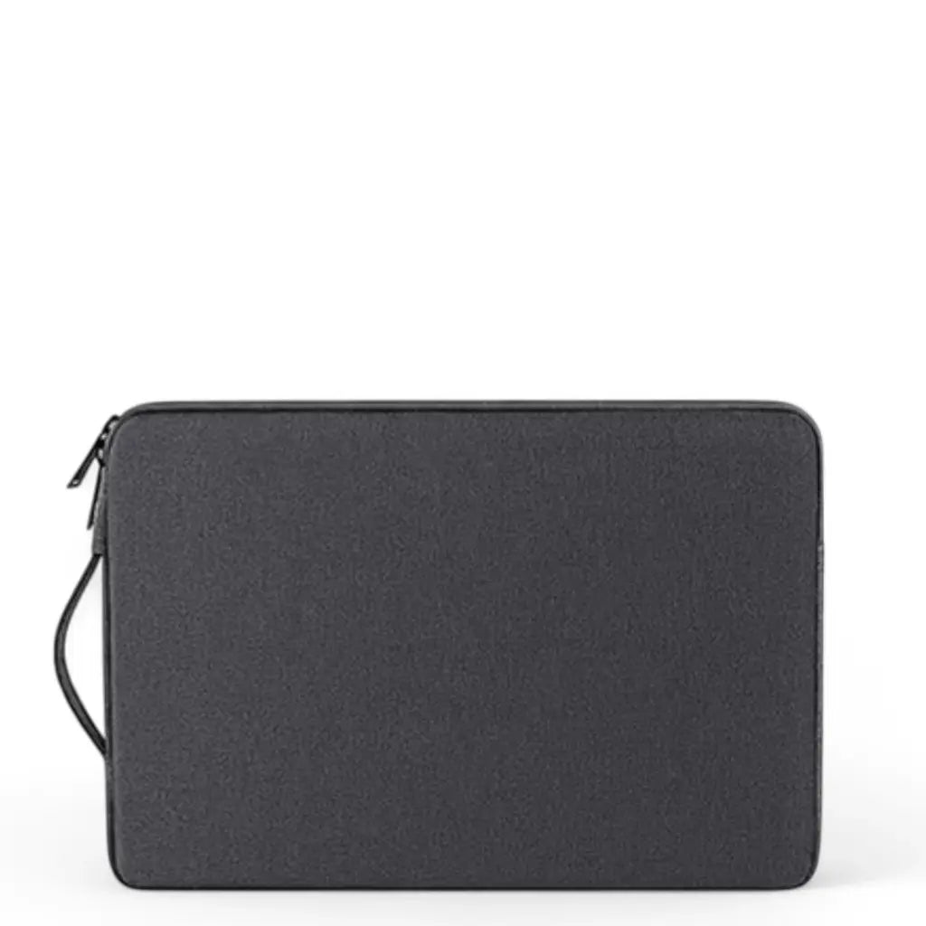 Laptop sleeve grey in donkere kleur met schuine rits en handvat voor gemakkelijk transport.