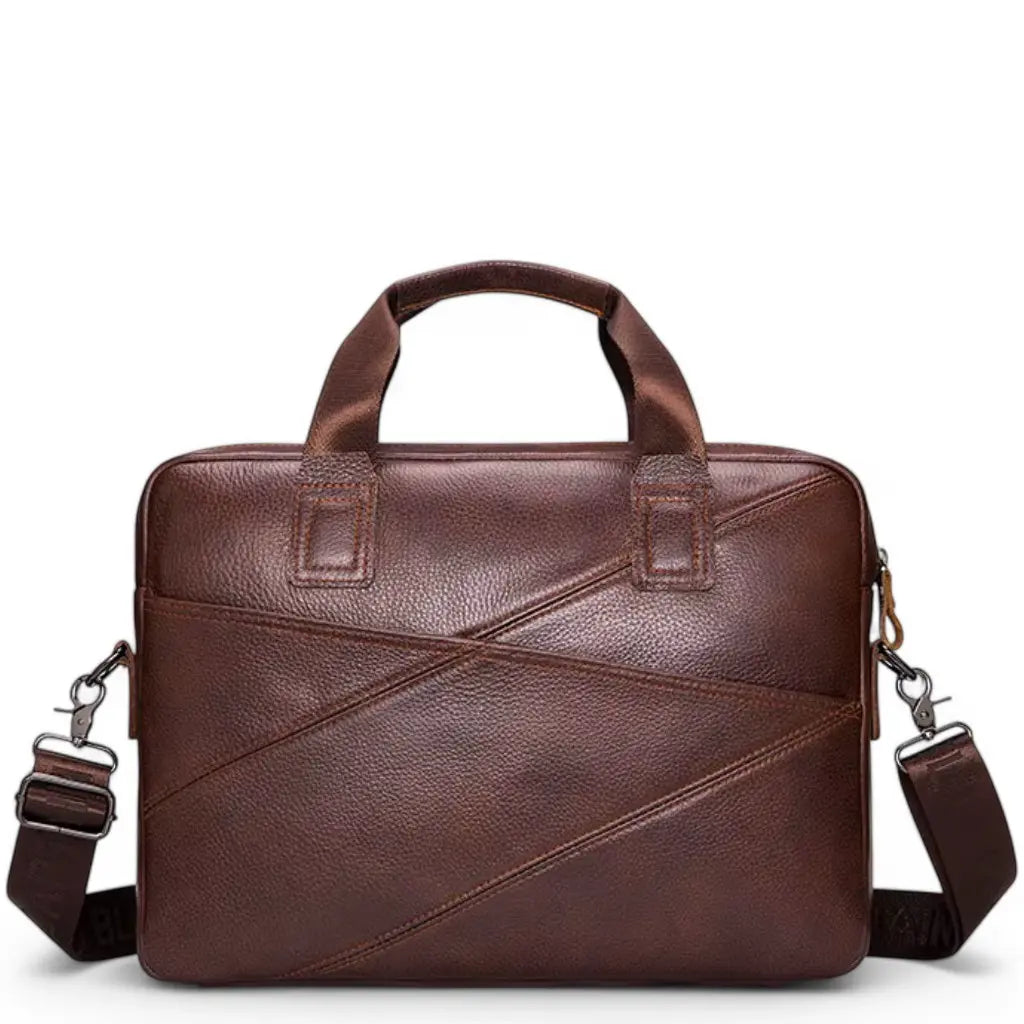 Bruine premium leren werktas 14 inch met elegant diagonaal stikselpatroon en duurzame handgrepen voor professioneel gebruik