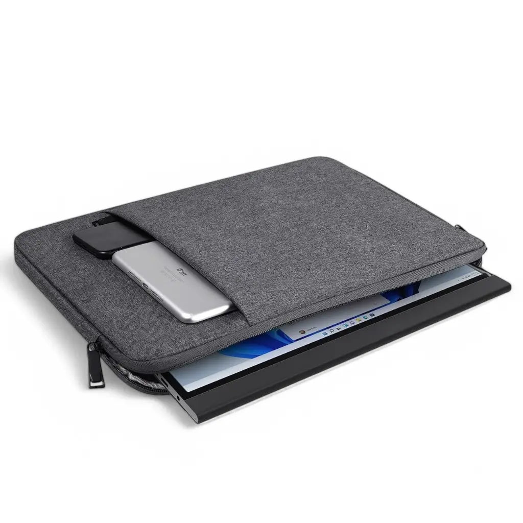 Laptop sleeve grey met apart voorvak waarin een smartphone en andere accessoires passen.