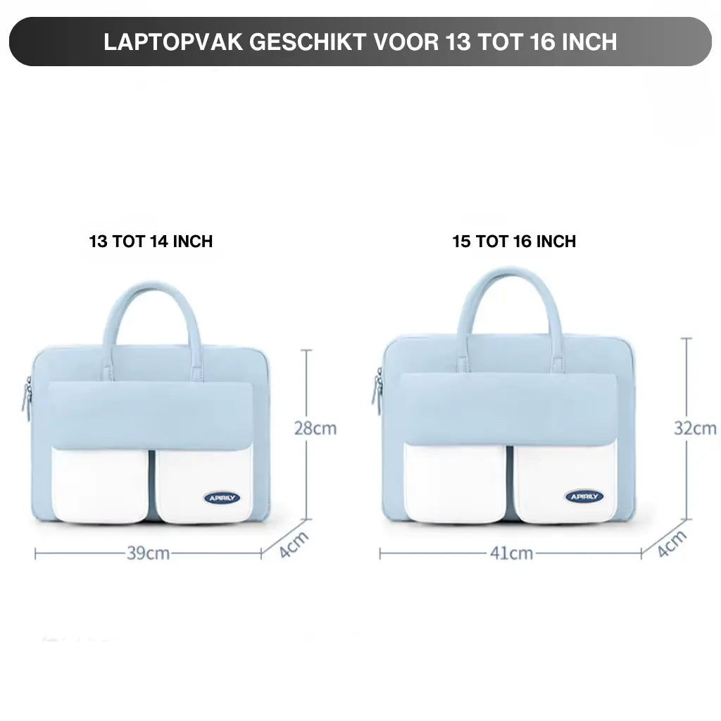 Informatieve afbeelding over de verschillende maten lichtblauwe laptoptas, beschikbaar voor 13-14 inch en 15-16 inch laptops