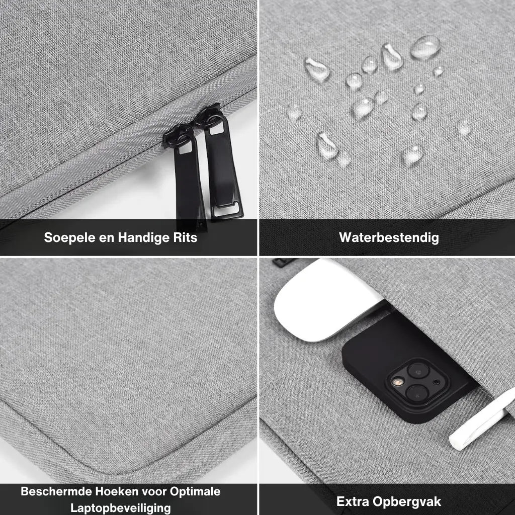 Laptop sleeve grey met vier kenmerken: soepele rits, waterbestendigheid, beschermde hoeken en extra opbergvak.