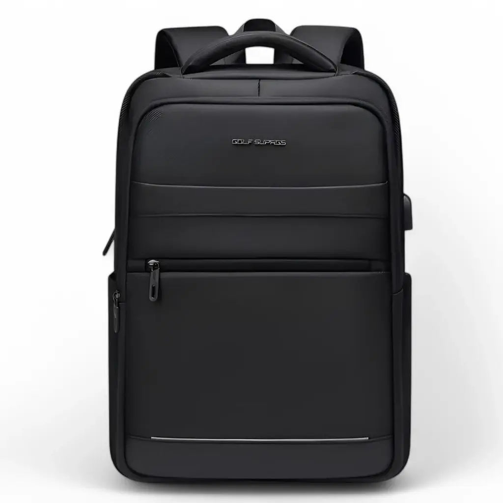 Zwart, waterdichte laptop rugzak 16 inch met meerdere vakken en een modern ontwerp, vooraanzicht tegen een witte achtergrond.