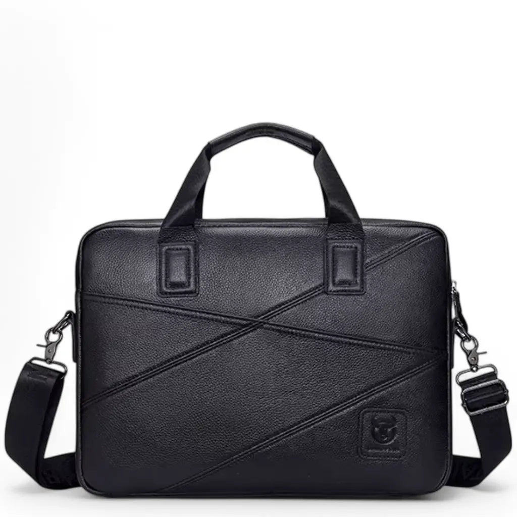 Zwarte leren laptoptas 14 inch met diagonaal stikselpatroon en logo-embleem, perfect voor zakenreizigers