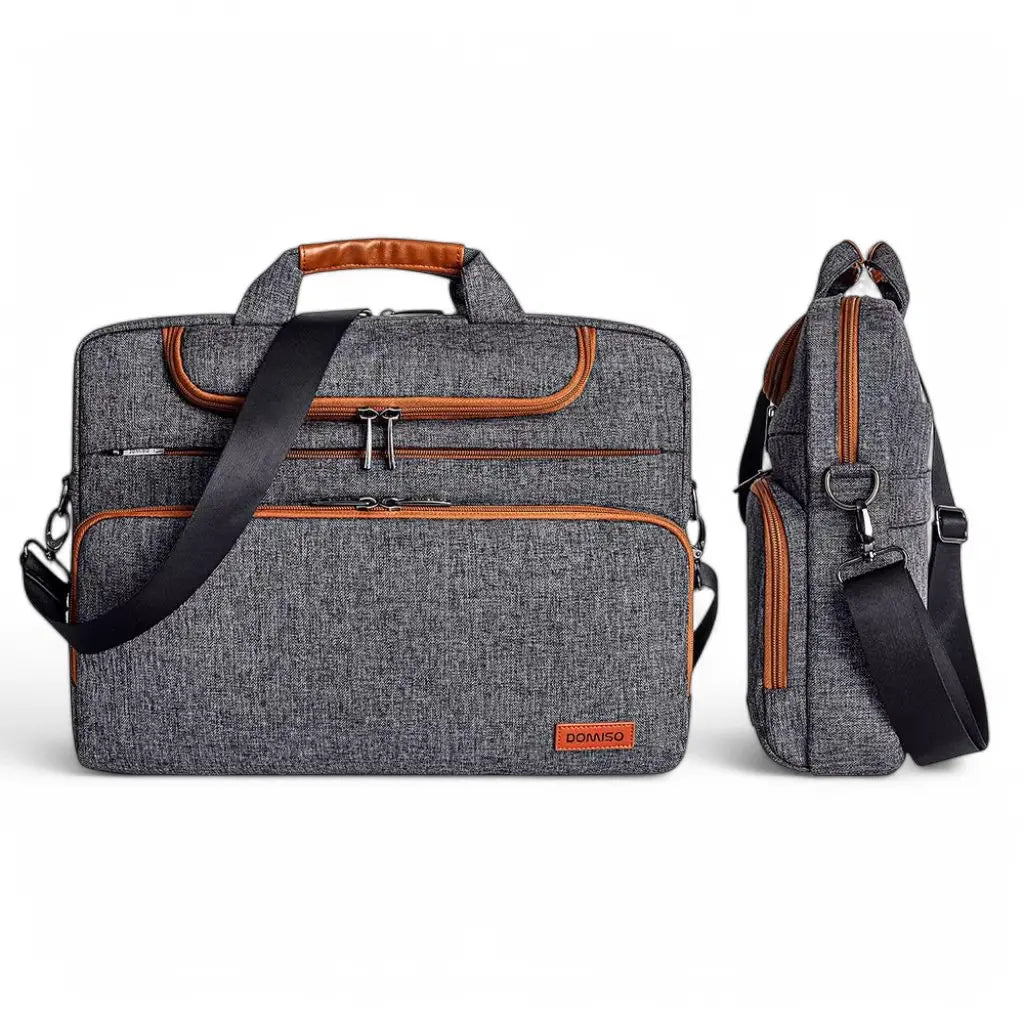 Voor- en zijaanzicht van de brede laptoptas heren 17 inch bruin grijs, demonstreert het stijlvolle design en de praktische afmetingen voor dagelijks professioneel gebruik.