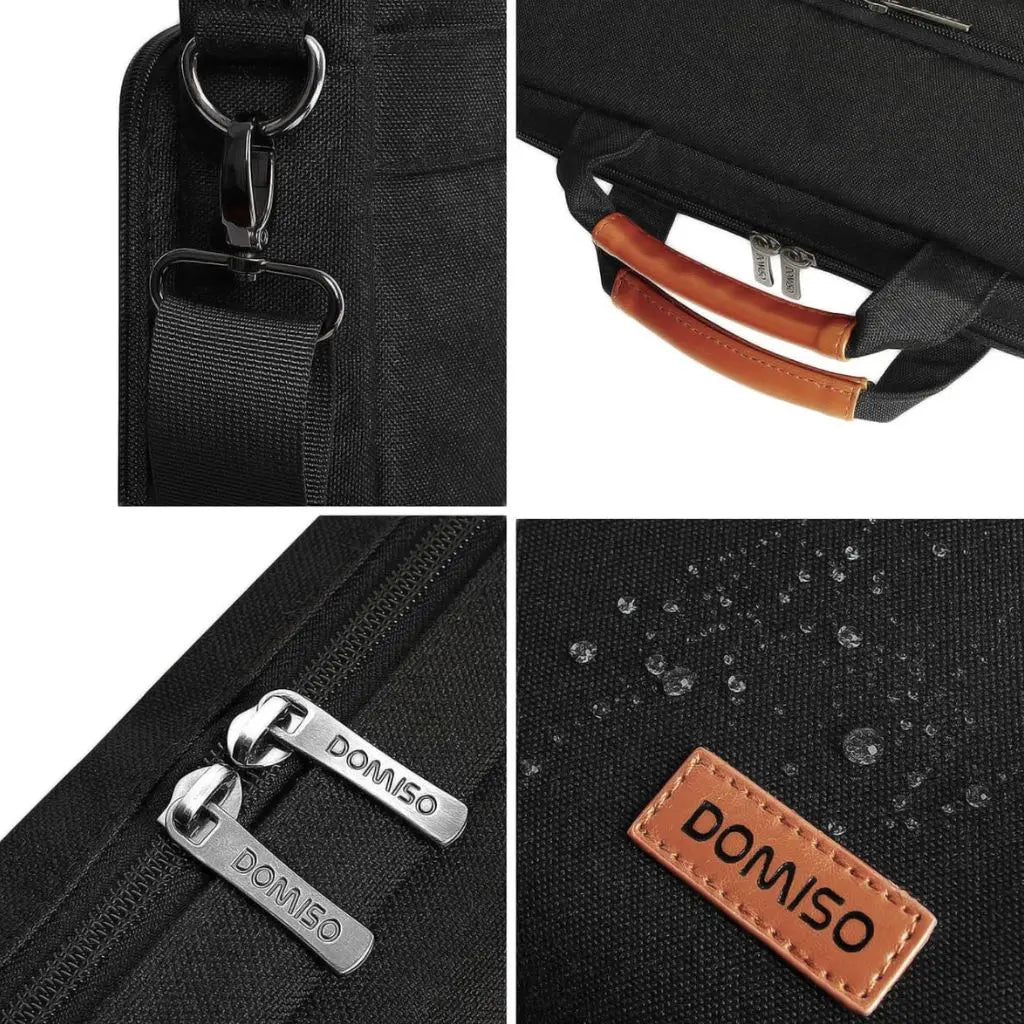 Close-up van de brede laptoptas heren 17 inch zwart met hoogwaardige accessoires, waterafstotend materiaal en DOMISO merkdetails die duurzaamheid en functionaliteit benadrukken.