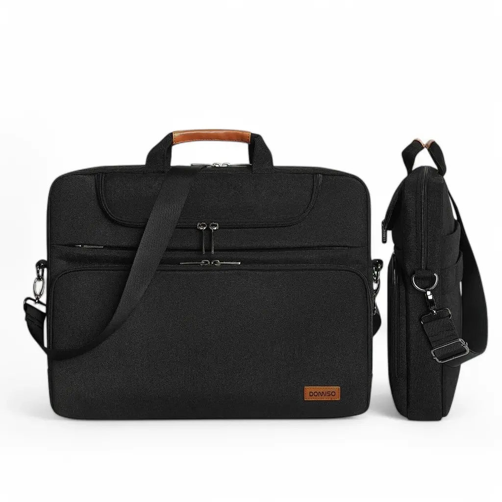 Voor- en zijaanzicht van de brede laptoptas heren 17 inch zwart, toonend het slanke profiel en ruime opslagmogelijkheden, perfect voor dagelijks gebruik in het Nederlandse zakenleven.