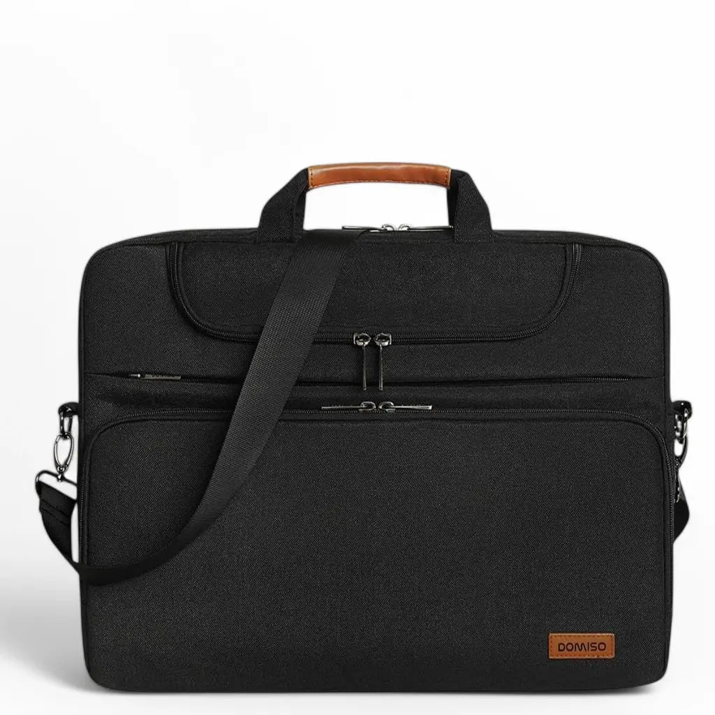 Brede laptoptas heren 17 inch zwart met DOMISO-label, voorzien van leren handgreep en verstelbare schouderband voor optimaal draagcomfort tijdens het dagelijks pendelen.
