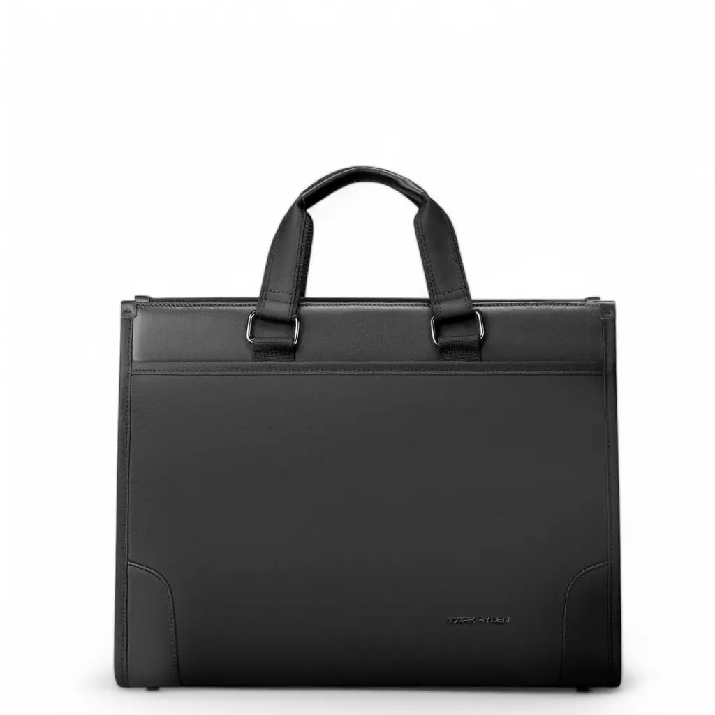 Business laptoptas dames 15.6 inch in elegante zwarte uitvoering van MARK RYDEN. De tas heeft sterke handgrepen, metalen bevestigingspunten en een strakke, professionele uitstraling.