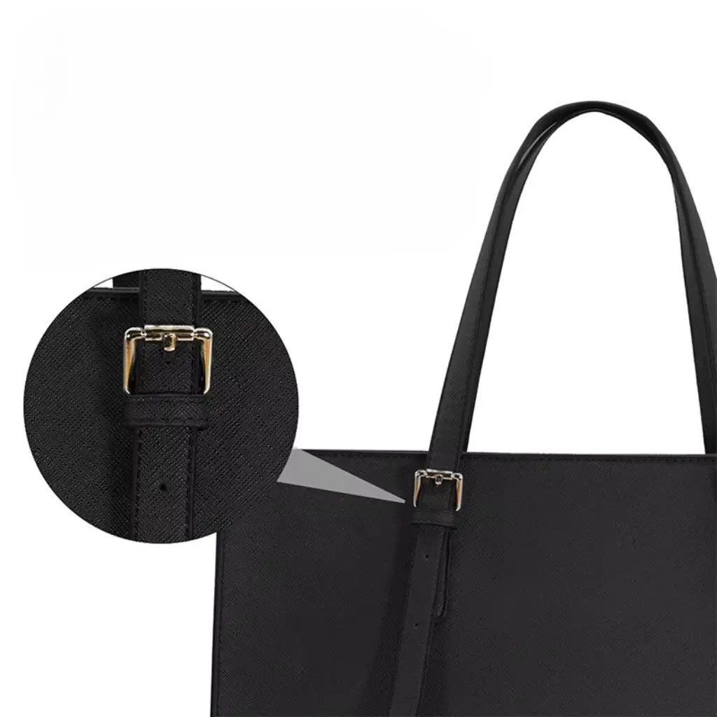 Close-up van de chique laptoptas dames 15.6 inch met detail van de hoogwaardige metalen gesp en verstelbare riem.