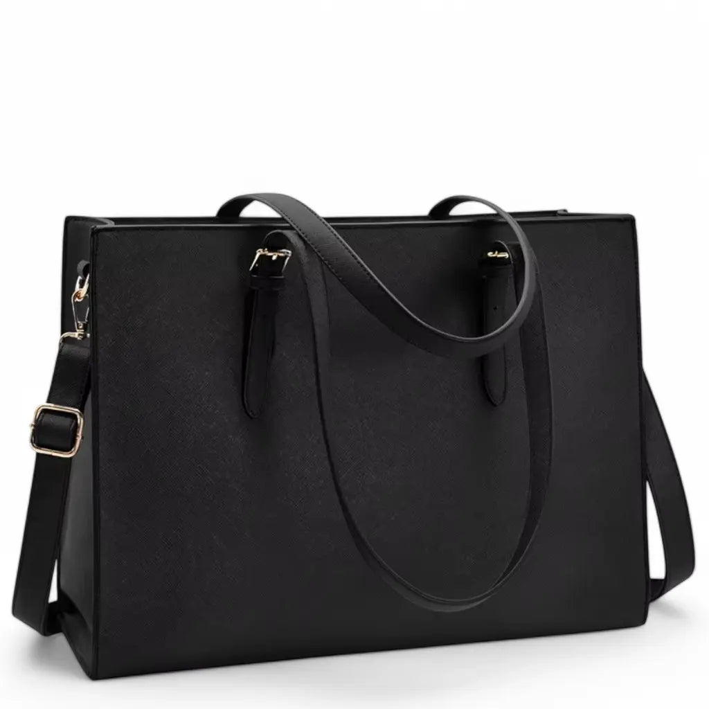Elegante zwarte chique laptoptas dames 15.6 inch met dubbele handgrepen en afneembare schouderband.