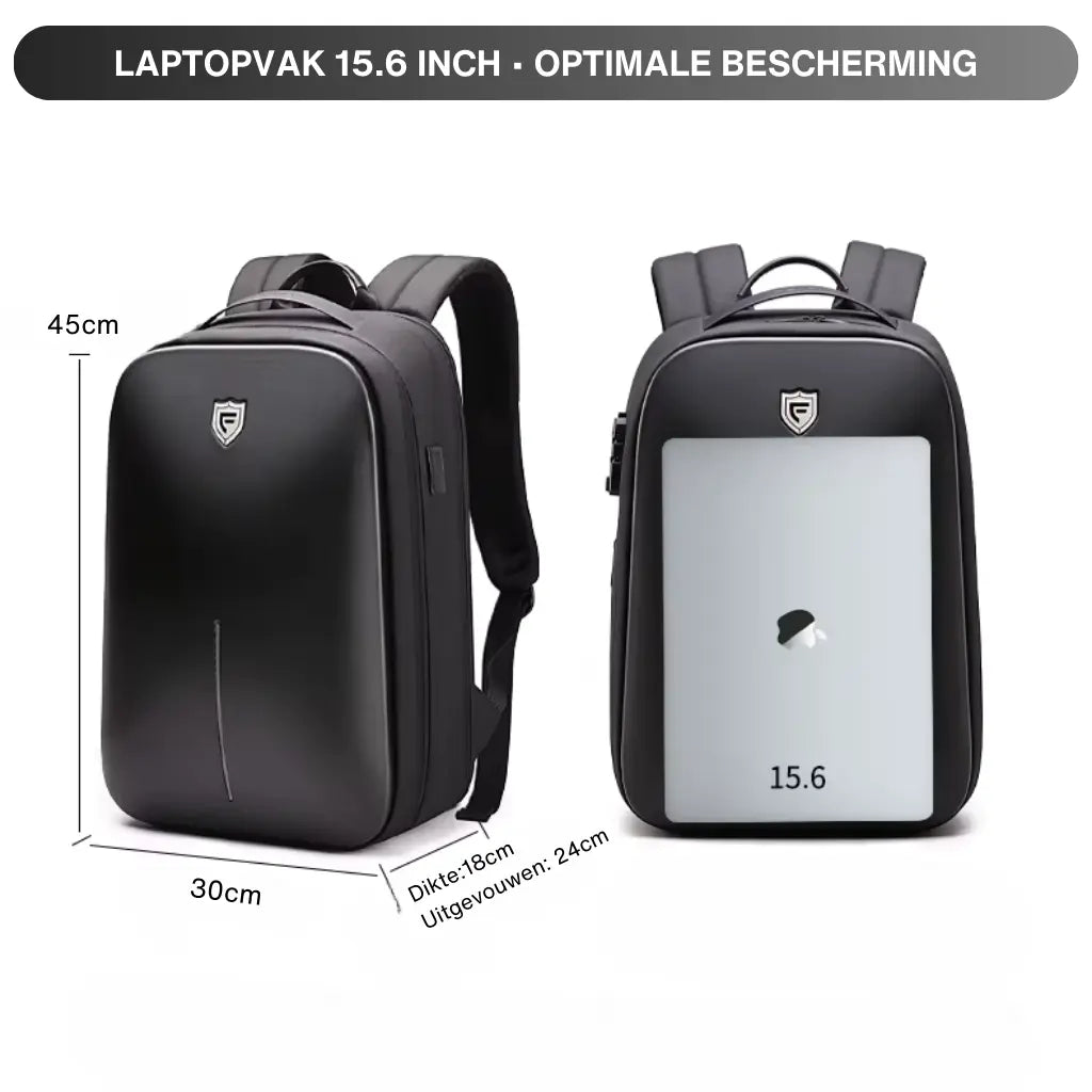 Infographic met afmetingen van waterdichte fietstas rugzak voor laptop 15.6 inch: 45cm hoog, 30cm breed en tot 24cm diep wanneer uitgezet.