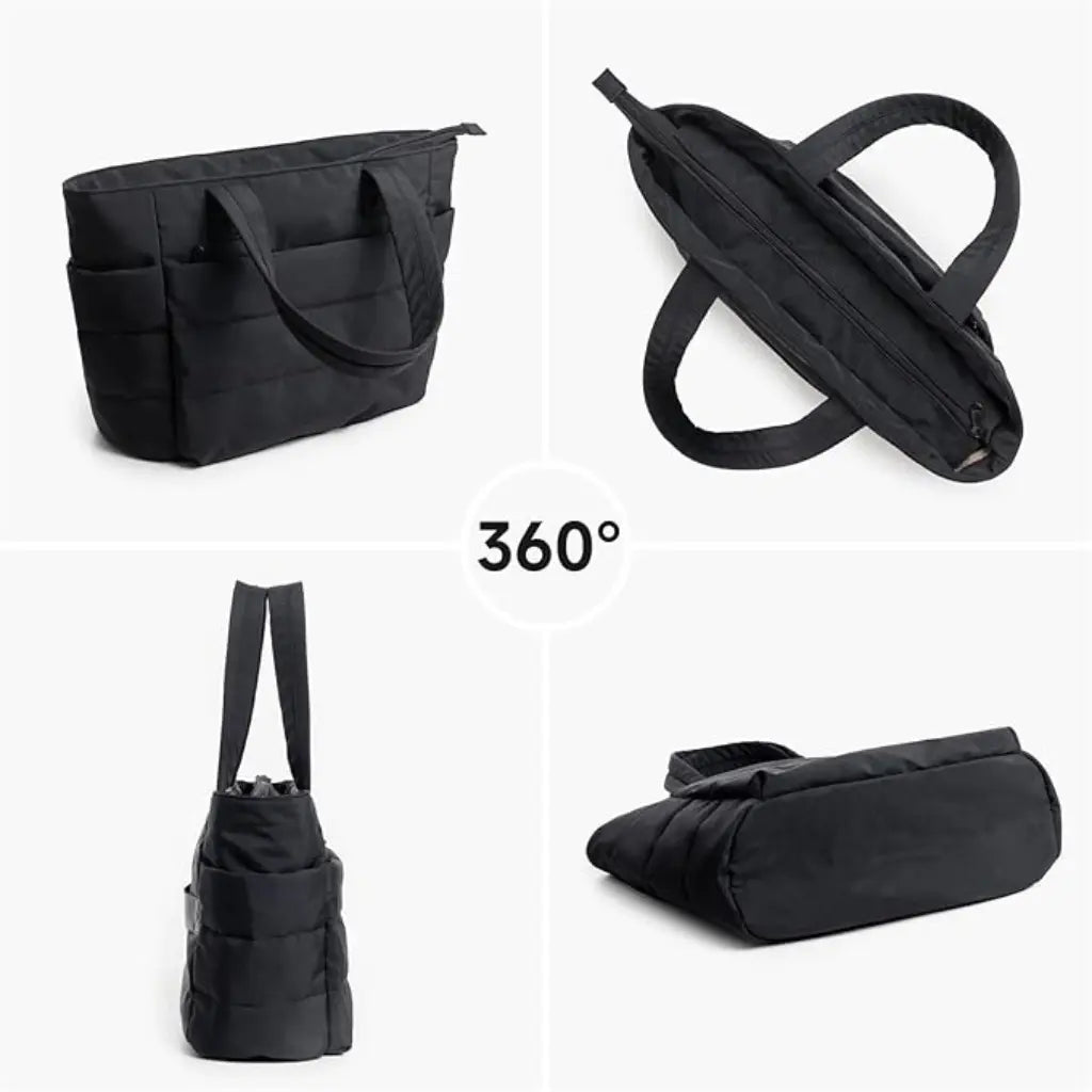 360-graden weergave van de coole laptoptas dames 15.6 inch in zwart, toont alle kanten en de veelzijdige gebruiksmogelijkheden.