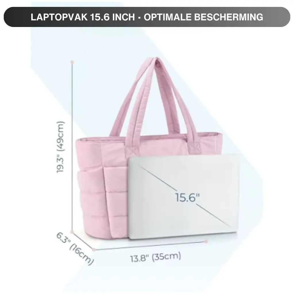 Maatdiagram van de coole laptoptas dames 15.6 inch met laptop erin, toont de afmetingen van 49cm x 35cm en diepte van 16cm.