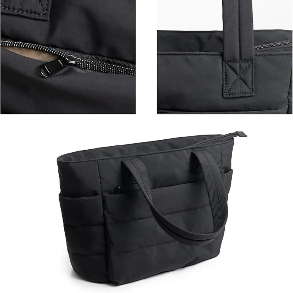 Close-up details van de coole laptoptas dames 15.6 inch: kwaliteitsrits, versterkte handgreep en strakke afwerking van de naden.