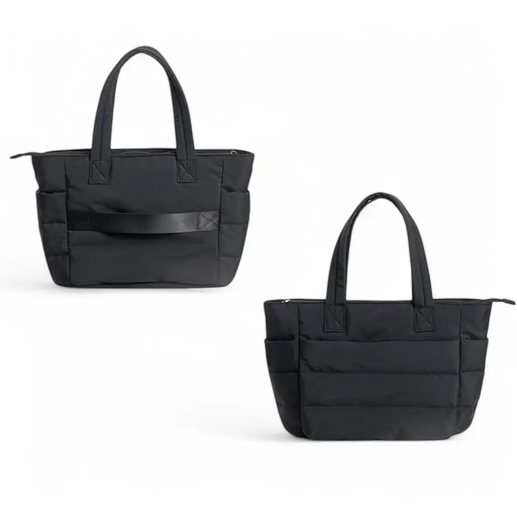 Voor- en zijaanzicht van de zwarte coole laptoptas dames 15.6 inch, toont de praktische indeling met zijvakken.