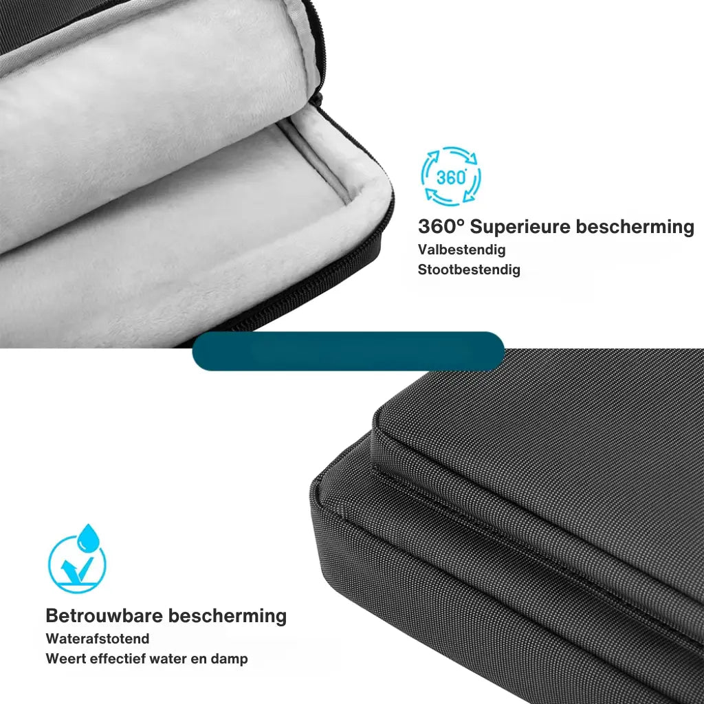 Doorsnede van crossbody laptoptas 13 inch met 360° superieure bescherming die valbestendig en stootbestendig is, plus waterafstotende eigenschappen.
