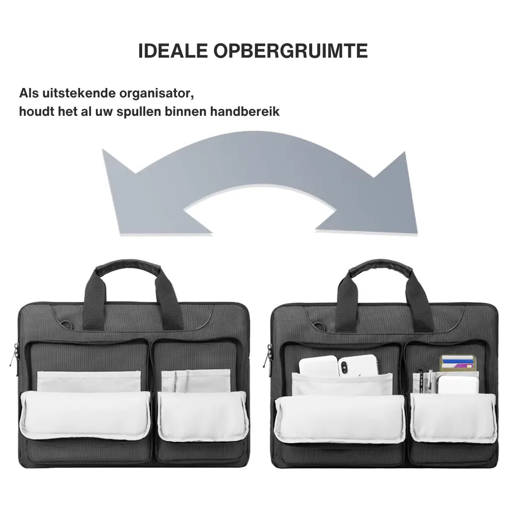 Infographic toont de ideale opbergruimte van crossbody laptoptas 13 inch met vergelijking tussen gevulde en lege compartimenten voor optimale organisatie.
