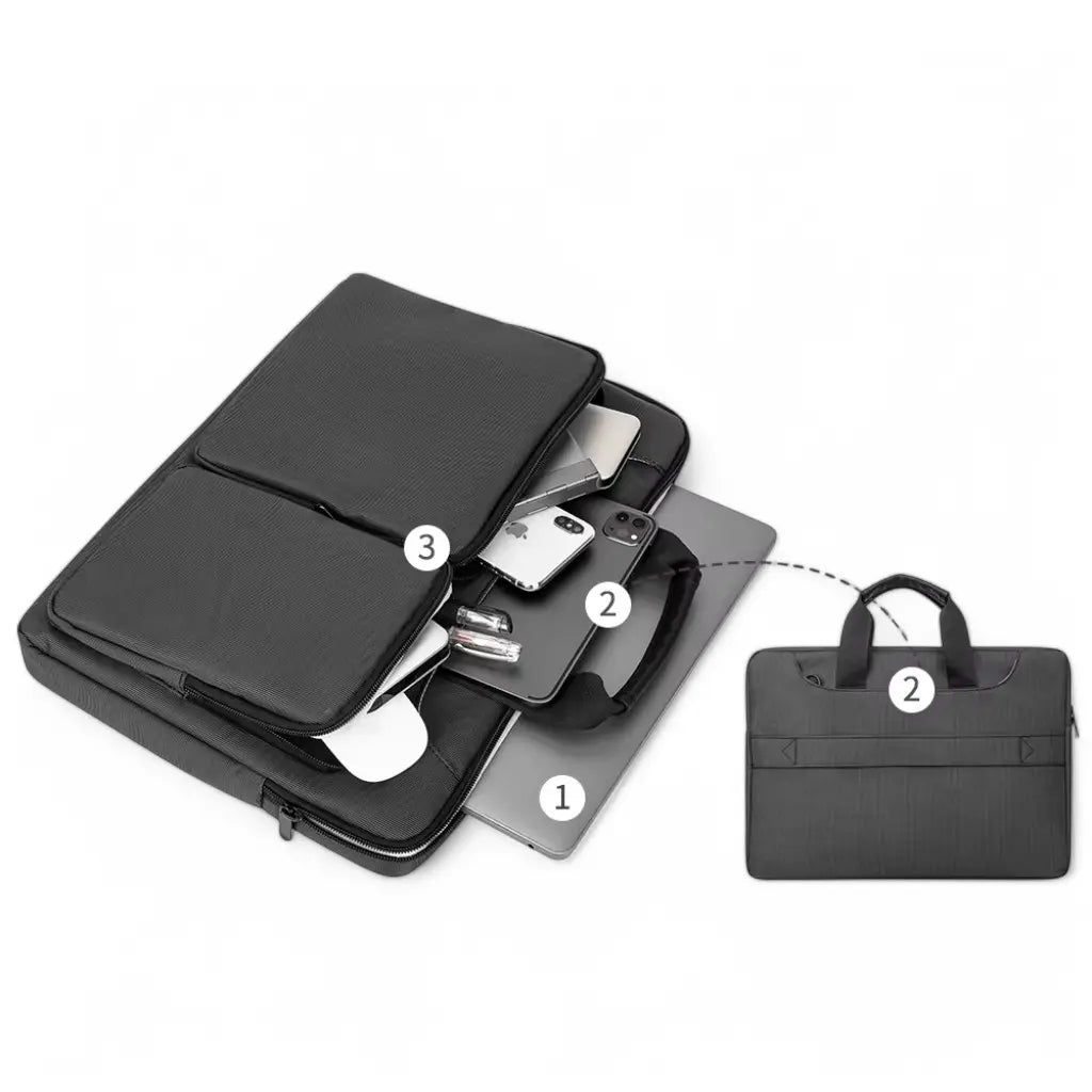 Indelingsoverzicht van crossbody laptoptas 13 inch met genummerde compartimenten voor laptop en diverse accessoires, plus een afbeelding van de complete tas.