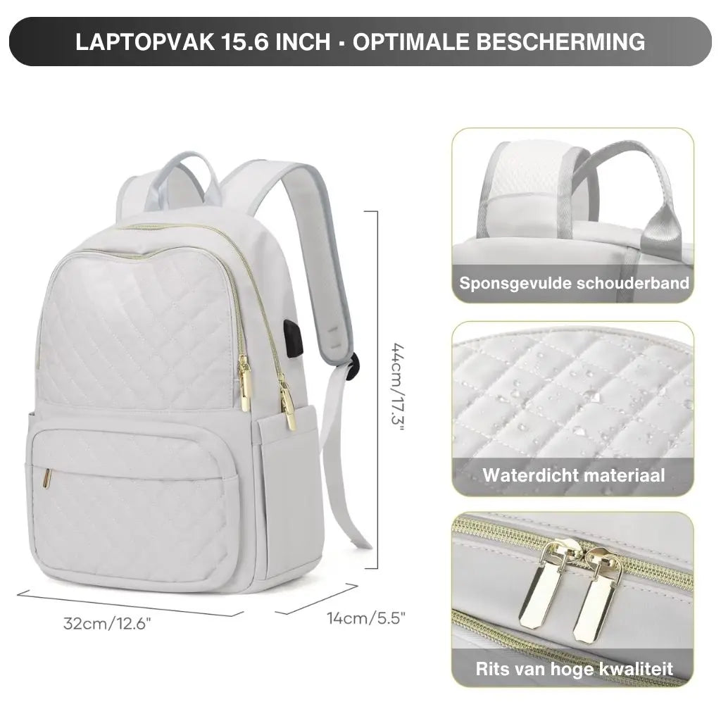 Witte laptoprugzak voor dames van 15.6 inch met afmetingen en details zoals waterdicht materiaal en comfortabele schouderbanden.