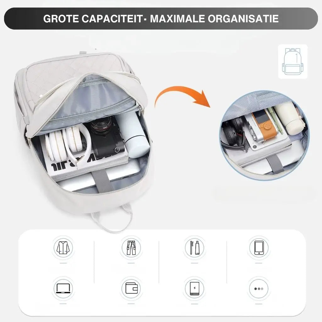 Open witte laptoprugzak van 15.6 inch met ruime capaciteit, georganiseerd met vakken voor hoofdtelefoon, fles, en camera.