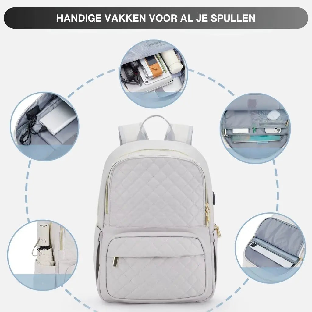 Witte laptoprugzak van 15.6 inch met overzicht van meerdere vakken voor een georganiseerde indeling.
